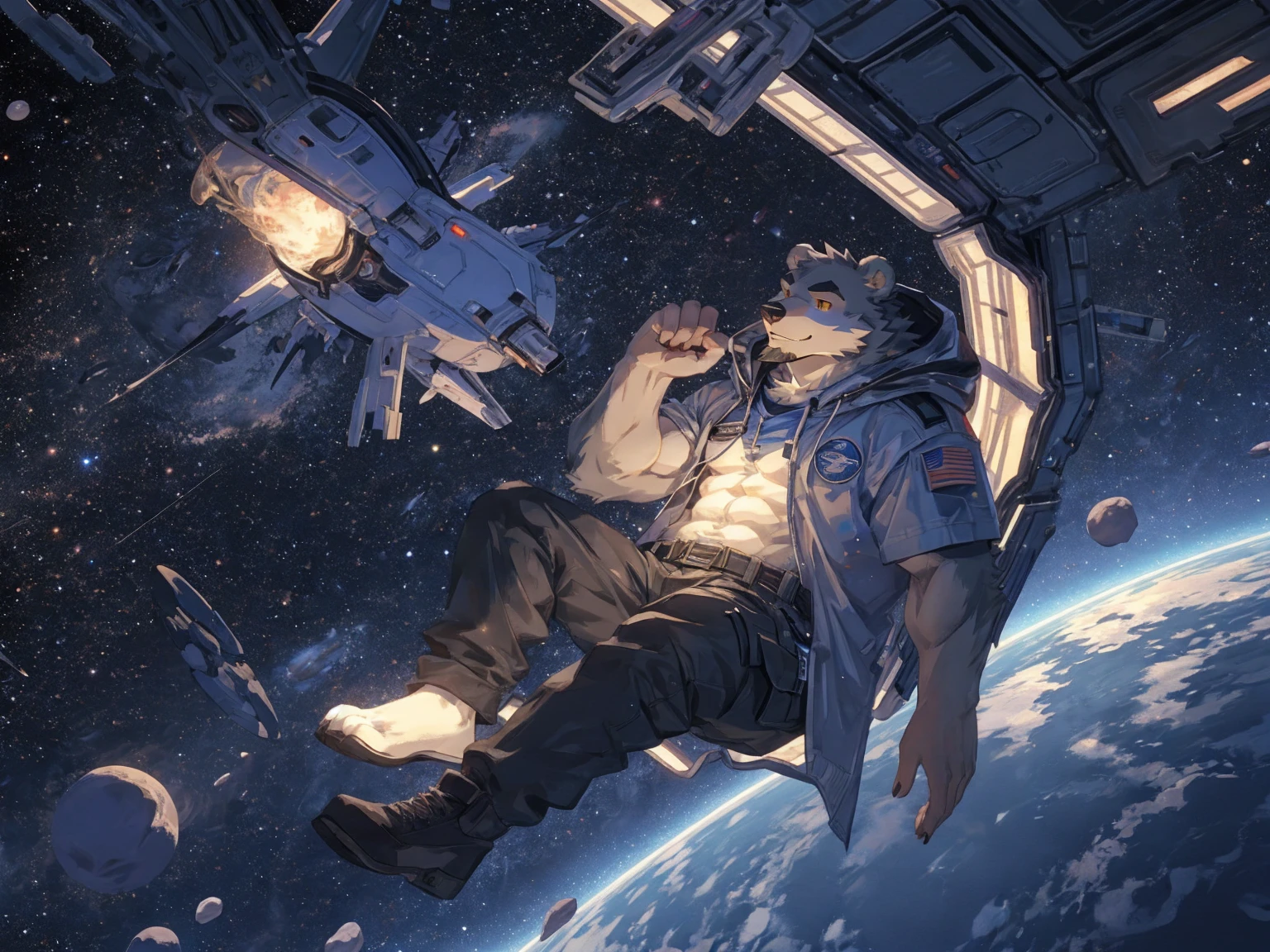 (masterpiece:1.2), best quality,pixiv,official art,perfect anatomy, (Ray tracing, light),solo, (1_male:1.3) , (muscle), (grey fur:1.4), (muscle bear), (beard:1.2), (gleaming golden eyes), bear tail, full body, Thick black eyebrows,(open hooded parka), (naked inside), (cargo pants:1.2), boots , (in the space:1.3) , star , planet , earth , asteroid , (character floating :1.3)