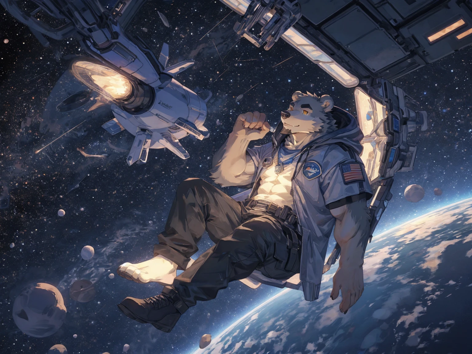 (masterpiece:1.2), best quality,pixiv,official art,perfect anatomy, (Ray tracing, light),solo, (1_male:1.3) , (muscle), (grey fur:1.4), (muscle bear), (beard:1.2), (gleaming golden eyes), bear tail, full body, Thick black eyebrows,(open hooded parka), (naked inside), (cargo pants:1.2), boots , (in the space:1.3) , star , planet , earth , asteroid , (character floating :1.3)