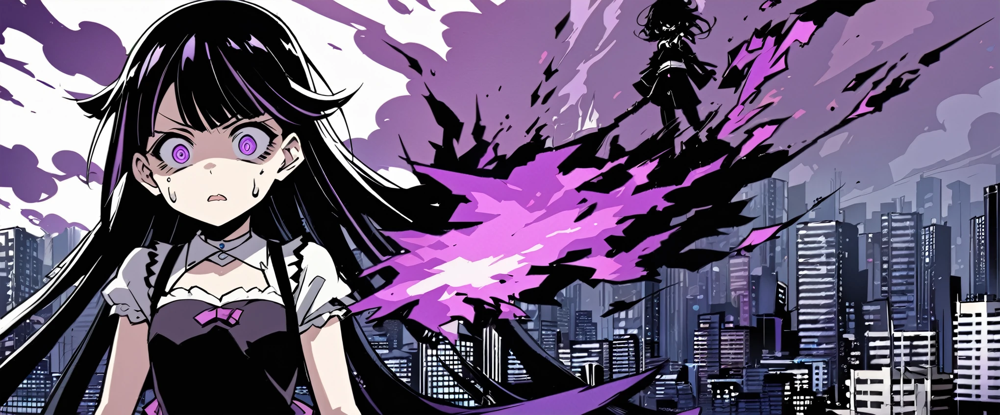 A teenager maid with long black hair and purple furious blight eyes. She is scared, desesperated. The background is a city with purple fire. Kimetsu no Yaiba Art Style.