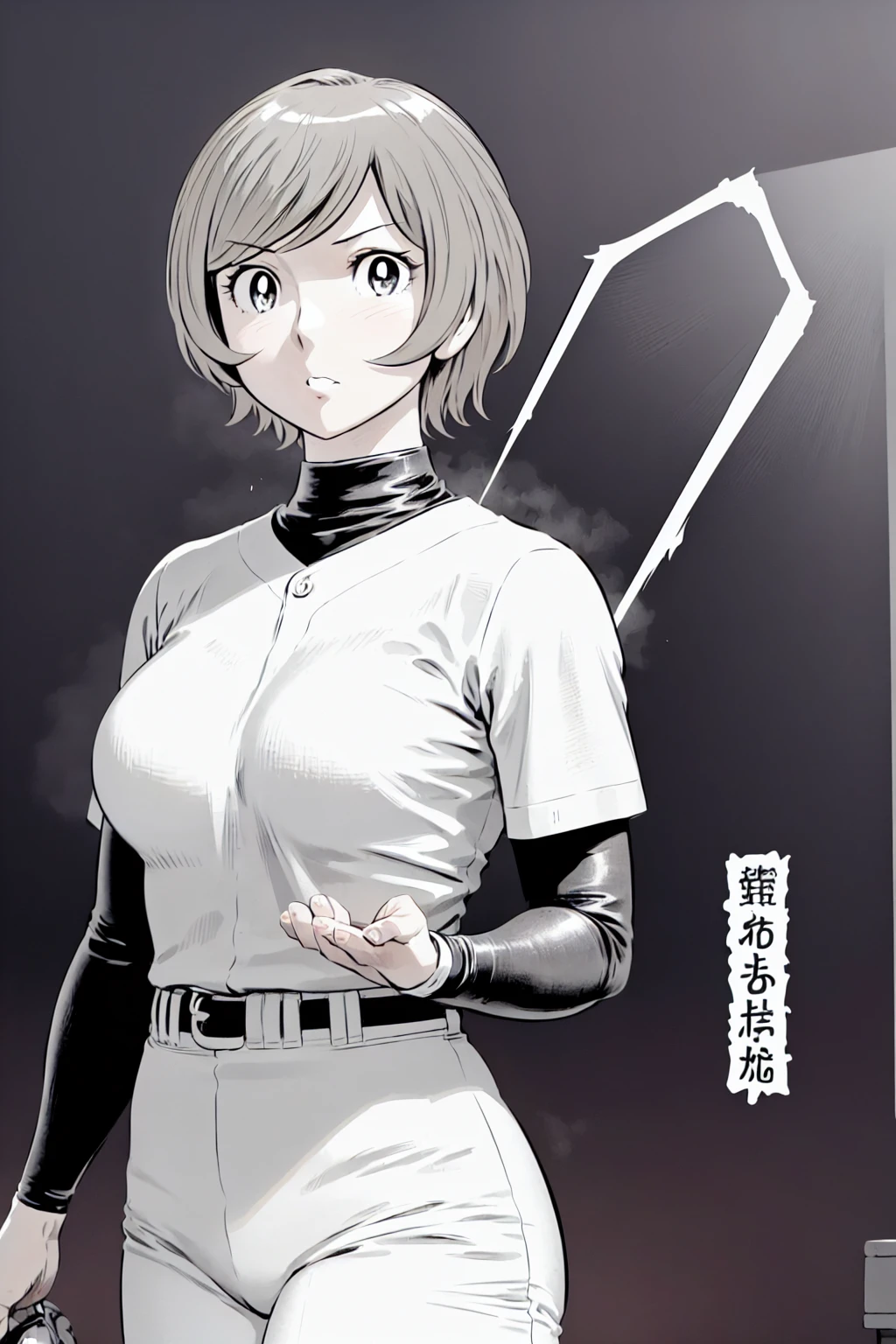 (野球uniform:1.2),
Blonde, (short hair:1.2),Long sleeve, Black Shirt, turtleneck,White trousers、uniform、Black belt、((Illustration of a person))、big 、
View your viewers,, (Highest quality:1.3),One Girl, White pants、uniform、Outdoor、baseball ground、ground、soil、blue eyes、Tight black shirt、(masterpiece、Highest quality)、Highest quality, Ultra-high resolution, (((masterpiece))), alone, big eyes、big Breasts、One Girl, Front view、Embarrassed face、Bronze colored hair、((short hair))、Stand up straight、Cowboy Shot