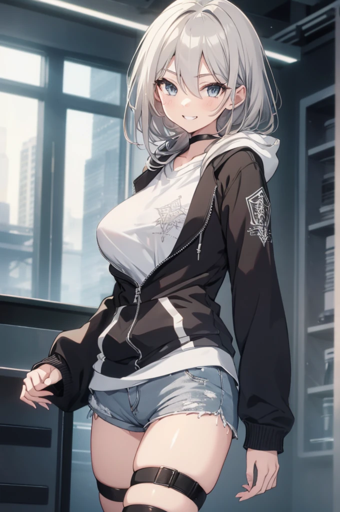 Concept Art,  White hair, Silver gradient hair , Composite cloth, Virtual YouTuber, best quality, masterpiece, Dynamic Angle,  girl,Miss,woman, young,20 years old, , Hair Flip, Silver Hair, Flowing hair, Ahog, giggle, Beautiful and delicate golden eyes, teeth, Large Breasts, Blonde eyes, White skin, hoodie, Black_shorts, Gray clothes, transparent_Back ground, Backlighting, absurd, high resolution, Extremely detailed,sweater,Smile