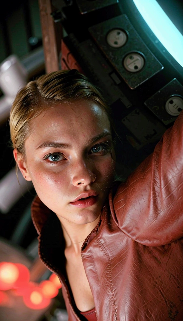 Blonde woman in leather jacket leaning against a wall with a neon light, Kristanna Loken, doom beautiful face, Pretty Margot Robbie Vampire, Elisha Cuthbert as an RPG warrior, Movie still of a cyborg., Olya Bossak, Natalie Portman and Star Trek, Sil of species, science fiction woman, Movie still of a cyborg genial.