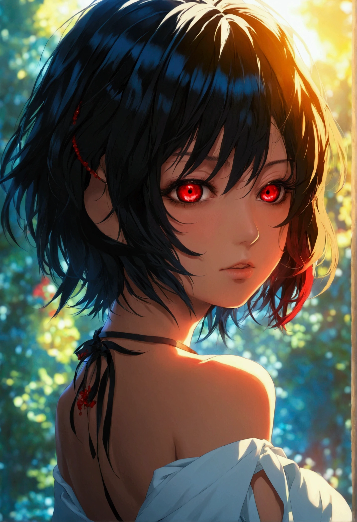nar_kurenai_yuhi，forehead protection，Sales，full bodyesbian，Red eyes，Wariza，Off the shoulder clothing，neckline，, back shot, is, ahegao look in face