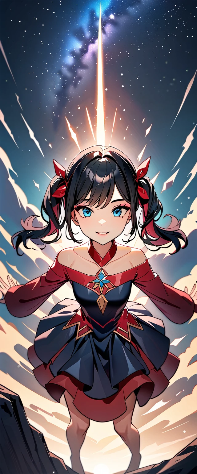 Photo of a high school girl with natural skin, Upper Body, With arms outstretched, Looking at the camera, Smiling, with twin tails and black hair with red mesh, Sharp eyes with blue eyeshadow, Shining eyes, A thin, upturned nose, Well-shaped lips, Off-the-shoulder dress, Decorated clothing, barefoot, Makeup, Exquisitely crafted with the utmost attention to detail, Vibrant, amazing, Smooth, Cinematic, 4K, Backlight, ((Atop a cliff with a beautiful starry sky, Cliff)), Shallow depth of field, ((Detailed eyes:1.3, Detailed lips:1.3, high quality, )), masterpiece, Super detailed images, High quality