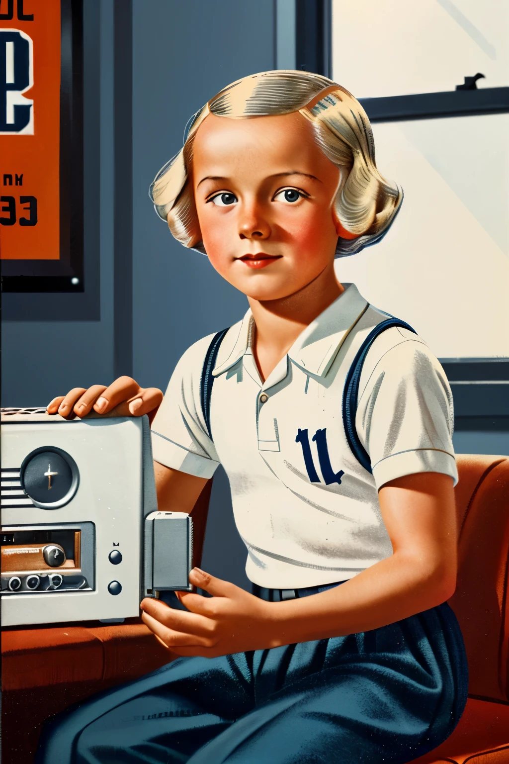 Zollverein, 1938. A little ((((12-year-old)) Werner Pfennig)), young boy, listening to the radio, ((((clothings from the 1930s)))), ((platinum blonde hairstyle of the 1930s))