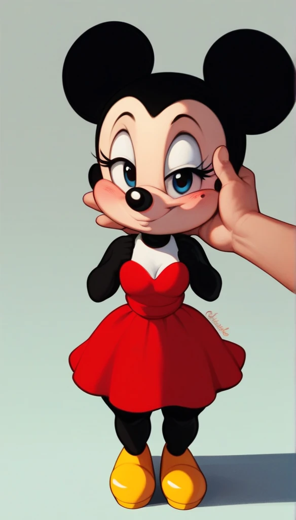 Furry, Minnie Mouse, shortstack, short stature, slightly blushed, disney cartoon, white glooves, yellow heels, red dress, spotted dress, black body, close up on face, human hand on cheek, cheek caressing, black body