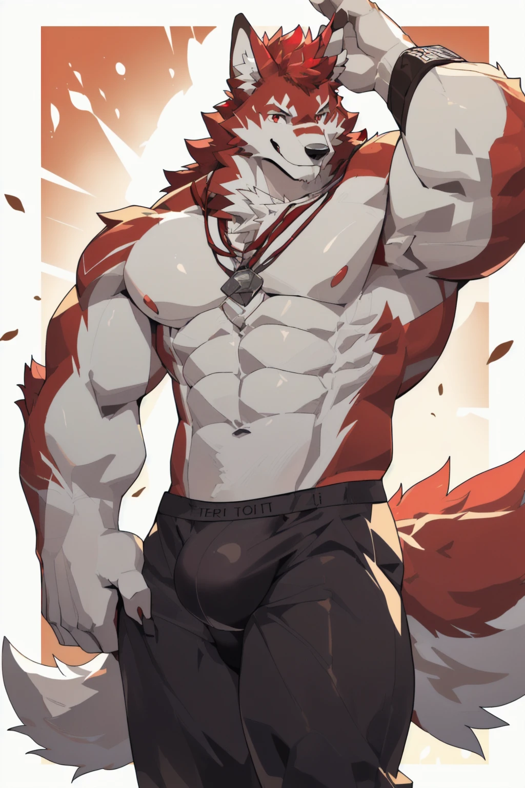 Orange background,high resolution,4K,masterpiece,high quality,35 years old,((Wolfdog)),male,((whole body:1.4,Strike a pose:1.5,Mature:1.3,Smiling face:1.4)),WolfdogFurry,(Uncle figure:1.5,hairy),((Moderate:1.2)),((Strong body:1.5,Long legs:1.3,big ear:1.3,Thick long tail,((No clothes,Wearing white)),(((Red head:1.4,White neck:1.3,Red eyes:1.3,White chest:1.3,White belly:1.3,Red back of hand:1.3,Red and white tail:1.3,Crotch bulge:1.3))),Delicate eyes:1.6,Fine details,Detailed body,(Detailed hand details:1.4)