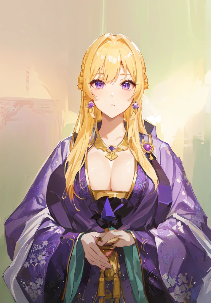 Wearing a purple robe、Cartoon image of a woman holding a bowl, ((Beautiful fantasy queen)), Produced in collaboration with Anime Painter Studio, Anime Goddess, Portrait of the Knights of the Zodiac, (Wearing noble robes)), Anime style like fate/overnight, Beautiful fantasy queen, In the anime painter studio,Three Kingdoms,Three Kingdoms志,Chinese style,antiquity,Hanfu,,巨big乳房,Good shape,Royal sister,Purple Eyes,Celluloid,big,Full figure,Noble
