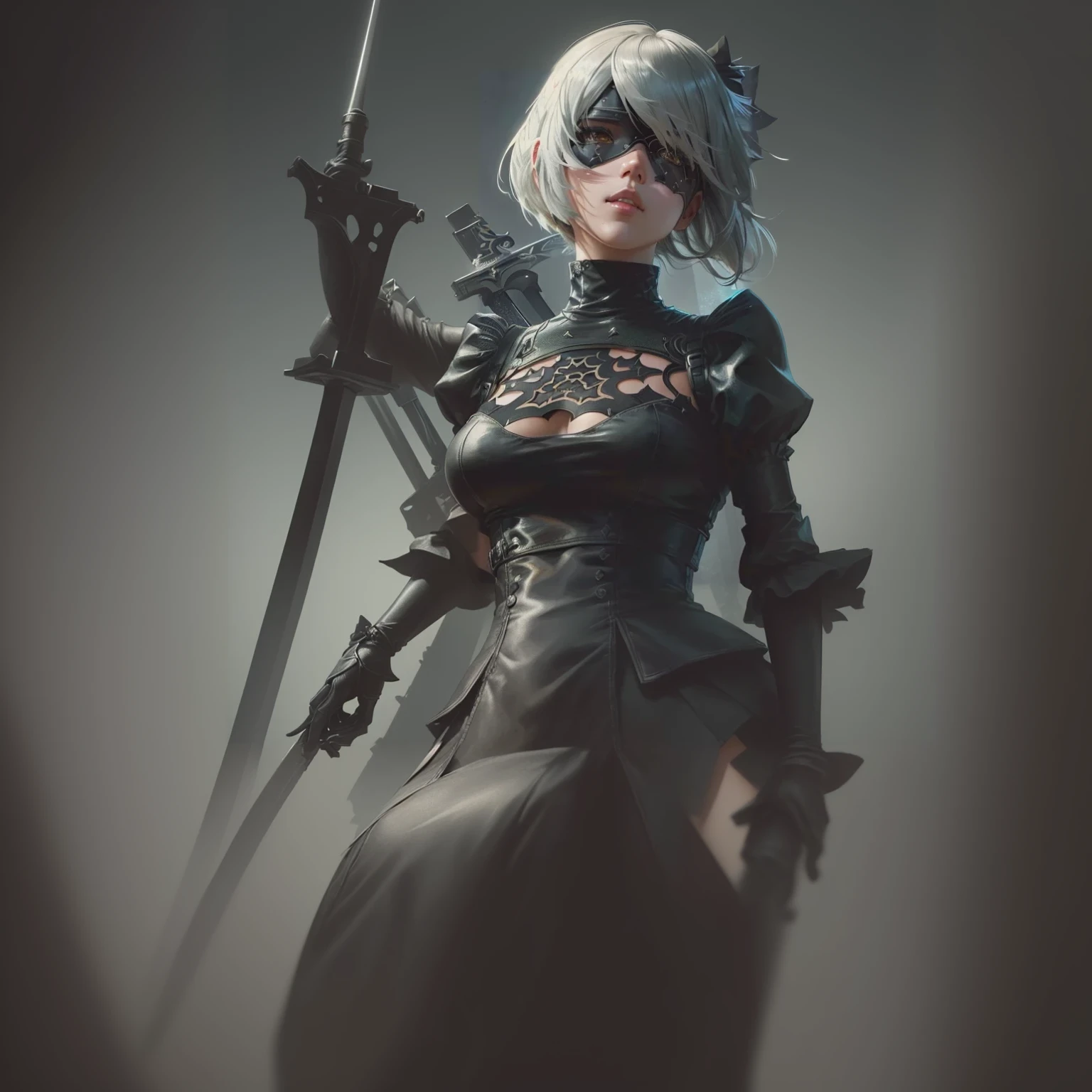 Anime girl with sword and black outfit posing for a photo、2B Nier オートマトン、Nier:Automaton Inspired、Nier オートマタ インスパイア、Nier オートマタの 2 B、Nier オートマタの 2b、2 b、Nier インスパイアー、Nier 2 b、Bad anime 8k、Nier、Female Assassin、8k high quality detailed art