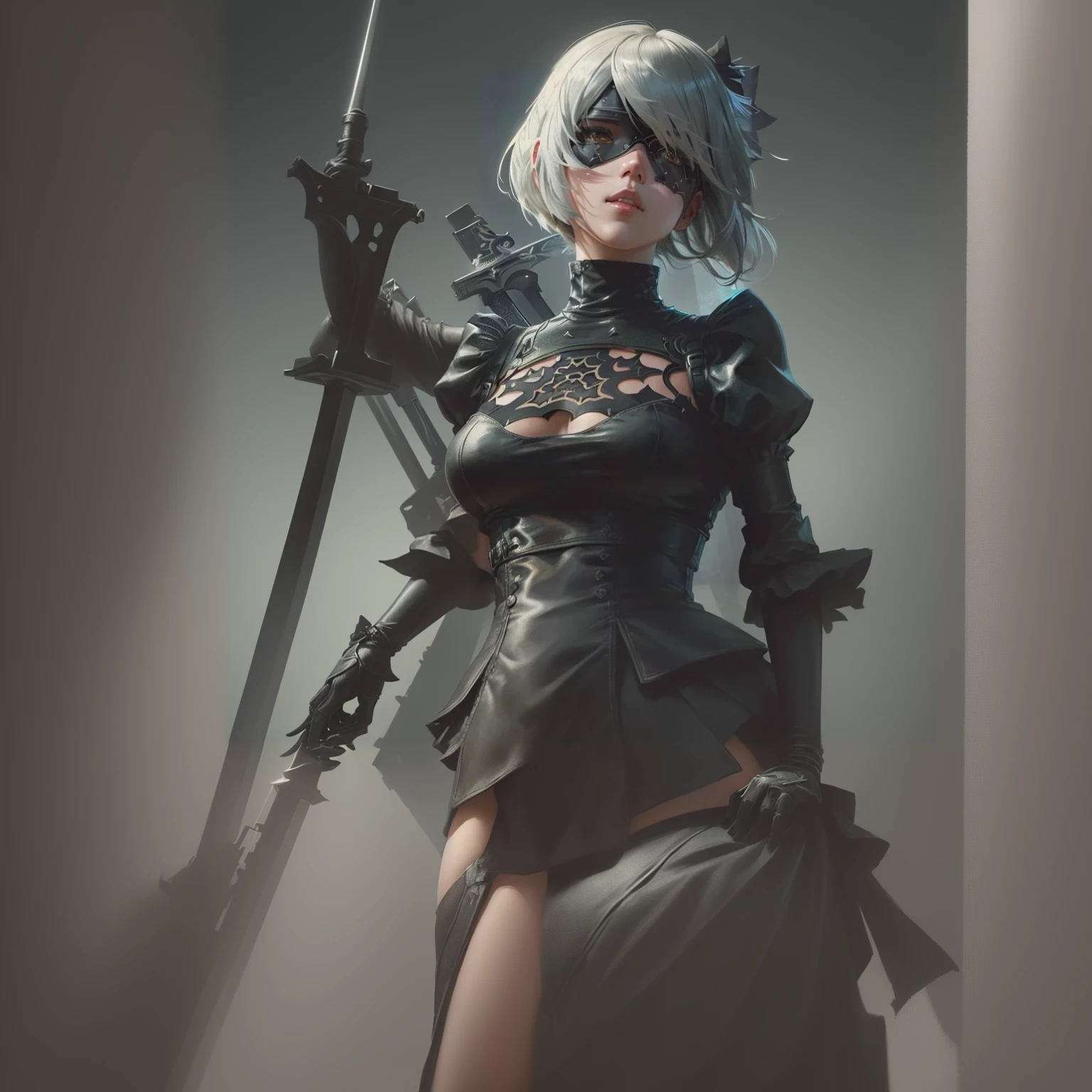 Anime girl with sword and black outfit posing for a photo、2B Nier オートマトン、Nier:Automaton Inspired、Nier オートマタ インスパイア、Nier オートマタの 2 B、Nier オートマタの 2b、2 b、Nier インスパイアー、Nier 2 b、Bad anime 8k、Nier、Female Assassin、8k high quality detailed art