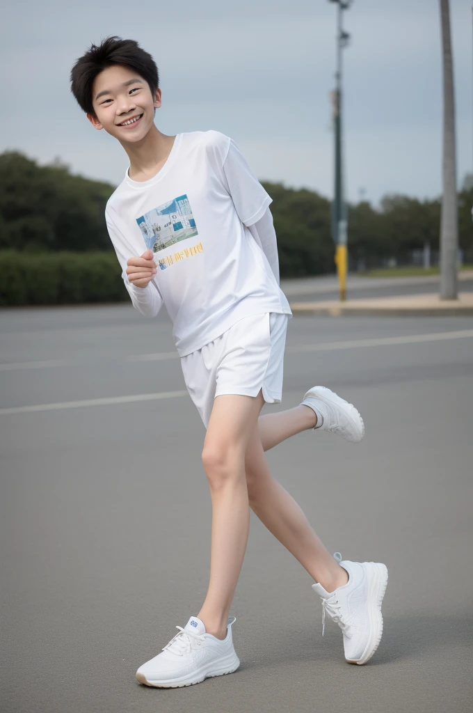 12-year-old boy,Smile,Spread your white and slender legs,jogging,full body,8K五官精致,Handsome boyish feeling,8K,masterpiece,((best quality)),photography,