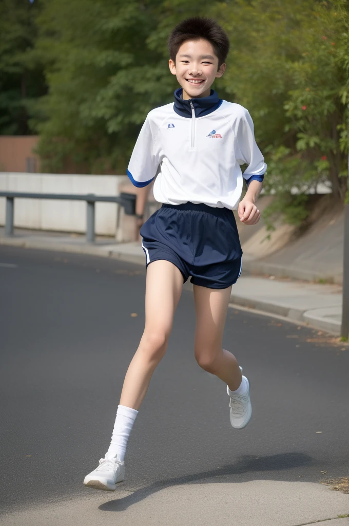 ,Smile,Spread your white and slender legs,jogging,full body,8K五官精致,Handsome boyish feeling,8K,masterpiece,((best quality)),photography,