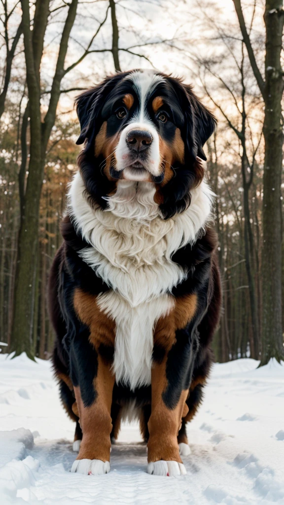 Bernese Mountain Dog in a cozy, wooded area with warm tones.