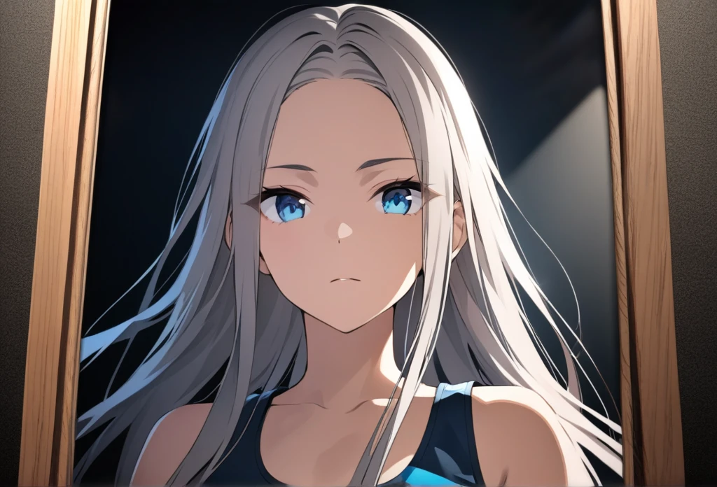 ((Portrait Photo)), She has an Athletic and Slender Appearance, with a Strong Build, Dark Skin and Relaxed Aura. She Expresses a Calm and Indifferent Look, Giving Off a Composed and Unfazed Attitude. She has Deep Blue Eyes, and Her Hair is Long and Black, with Dreadlocks Falling Over Her Forehead. She Wears an Open White Jacket, with a Sports Tank Top, Revealing Her Midriff. ((Portrait Photo, HDR, Dark Background))