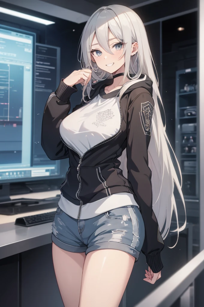Concept Art, White hair, Silver gradient hair , Composite cloth, Virtual YouTuber, best quality, masterpiece, Dynamic Angle, girl,Miss,woman, young,20 years old, , Hair Flip, Silver Hair, Flowing hair, Ahog, giggle, Beautiful and delicate golden eyes, teeth, Large Breasts, Blonde eyes, White skin, hoodie, Black_shorts, Gray clothes, transparent_Back ground, Backlighting, absurd, high resolution, Extremely detailed,sweater,Smile