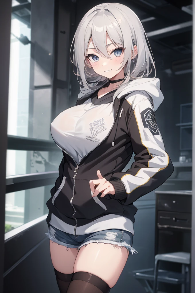 Concept Art,  White hair, Silver gradient hair , Composite cloth, Virtual YouTuber, best quality, masterpiece, Dynamic Angle,  girl,Miss,woman, young,20 years old, , Hair Flip, Silver Hair, Flowing hair, Ahog, giggle, Beautiful and delicate golden eyes, teeth, Large Breasts, Blonde eyes, White skin, hoodie, Black_shorts, Gray clothes, transparent_Back ground, Backlighting, absurd, high resolution, Extremely detailed,sweater,Smile