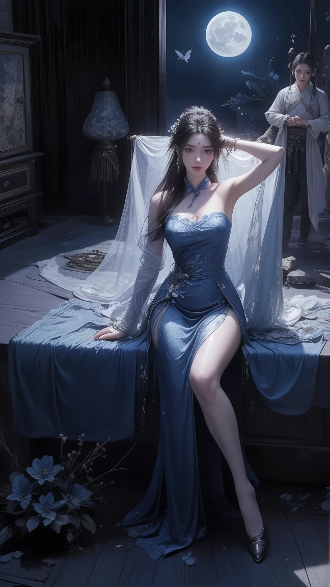 A beautiful woman with perfect curves wearing a long blue dress that gently flutters in the air,The beautiful woman was lie down in a sea of beautiful flowers surrounding her, Chinese traditional, her flexible body increasing with every movement, So enchanting, the dim candlelight, the glowing butterflies fighting the darkness of the night, the light of the moon, The night wind blowing the curtains, the blue flower petals , flower petals flying around the room, Chinese dancing, This woman is so beautiful that she attracts everyone who watches her, ancient China, imperial empress