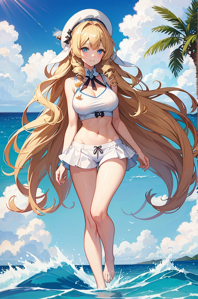 1 girl, wry smile, young girl, pretty face, Multiple long drill hair, Large amount of hair, curly hair in vertical rolls, shiny blonde Long hair, Beautiful blue eyes, huge breasts, She has a large chest but a thin body, white skin, Summer Sea, Seaside, bathing beach, Girl playing with waves on the beach, Dynamic girl, White tank top, white shorts