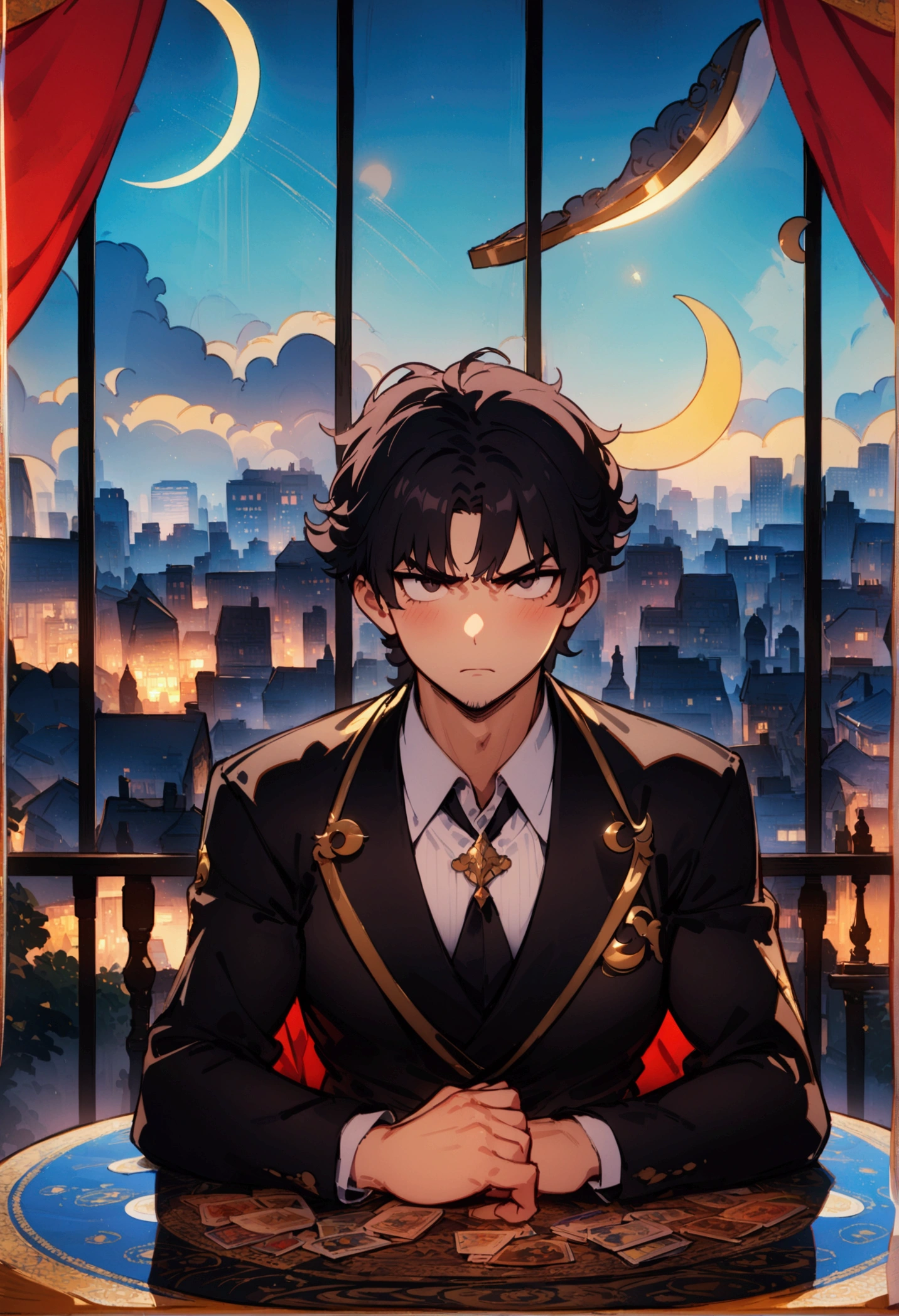 best quality, masterpiece, 8K, HD,, persian man, wavy dark hair, serious expression, sitting behind a round table, luxurious astrology print tablecloth, (tarot cards on the table), metropolitan city in the background, (crescent moon), see through curtain behind him, (front view), vibrant colors, highly detailed, mysterious atmosphere