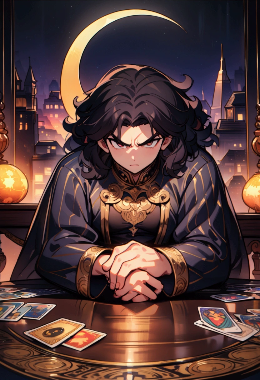 best quality, masterpiece, 8K, HD,, persian man, wavy dark hair, serious expression, sitting behind a round table, luxurious astrology print tablecloth, (tarot cards on the table), metropolitan city in the background, (crescent moon), see through curtain behind him, (front view), vibrant colors, highly detailed, mysterious atmosphere