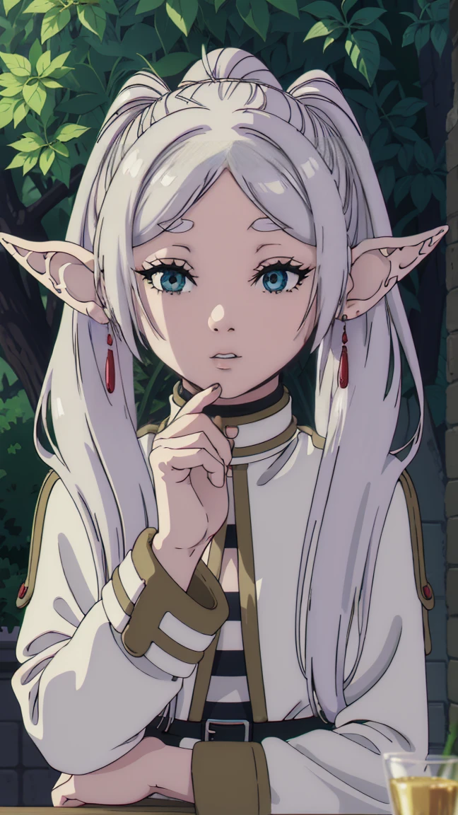 to freeze, to freeze, long hair, ponytail, (green eyes:1.5), White hair, pointed ears, elf, naked грудь, very sexy, naked грудь, naked, elastic, nude грудь, full length (full body 1.1.), nude, very sexy, naked, Sex pose, nude, Sex pose, close-up, shirt, long sleeves, jewelry, Tights, earrings, striped, black Tights, lure, striped shirt, looking at viewer, whole body, sky, nature, (masterpiece:1.2), Best quality, A high resolution, unity 8k wallpaper, (illustration:0.8), (beautiful detailed eyes:1.6), very detailed face, perfect lighting, extremely detailed computer graphics, (perfect hands, Ideal Anatomy),