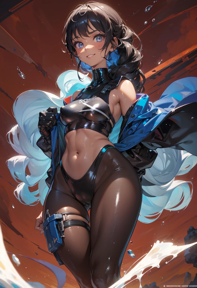 masterpiece, best quality, very aesthetic, absurdres,
full_body, close-up,
pokemon,
nessa_(pokemon),
hot_spring, outside, night, dim_lighting, steam, water, night_sky, overgrown, 1girl, wide_hips, thick_thighs, narrow_waist, slim_waist, large_breasts, huge_ass, toned, covered_abs, light_eyes, dark_hair, dark_skin, dark-skinned_female, oni, tied_hair, long_bangs, breasts_squeezed_together, dynamic_pose, partially_submerged, naughty_smile, light_smile, tomboy, one-piece_swimsuit, skin_tight, competition_swimsuit, multi-strapped_swimsuit, leotard, thigh_strap, turtleneck, navel_cutout, underboob, shiny_swimsuit, wet_swimsuit, see-through, wet_skin, shiny_skin, water_drop, steaming_body, latex, strap_pull,