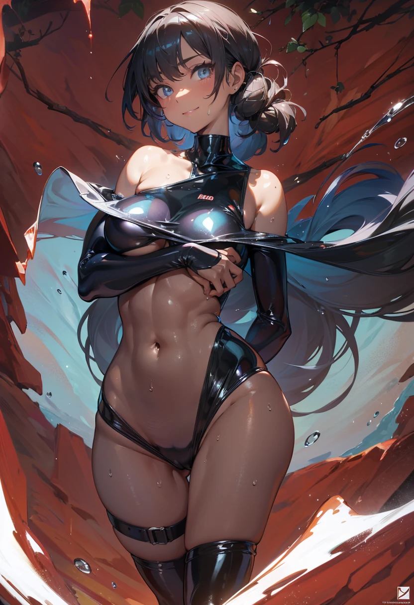 masterpiece, best quality, very aesthetic, absurdres,
full_body, close-up,
pokemon,
nessa_(pokemon),
hot_spring, outside, night, dim_lighting, steam, water, night_sky, overgrown, 1girl, wide_hips, thick_thighs, narrow_waist, slim_waist, large_breasts, huge_ass, toned, covered_abs, light_eyes, dark_hair, dark_skin, dark-skinned_female, oni, tied_hair, long_bangs, breasts_squeezed_together, dynamic_pose, partially_submerged, naughty_smile, light_smile, tomboy, one-piece_swimsuit, skin_tight, competition_swimsuit, multi-strapped_swimsuit, leotard, thigh_strap, turtleneck, navel_cutout, underboob, shiny_swimsuit, wet_swimsuit, see-through, wet_skin, shiny_skin, water_drop, steaming_body, latex, strap_pull,