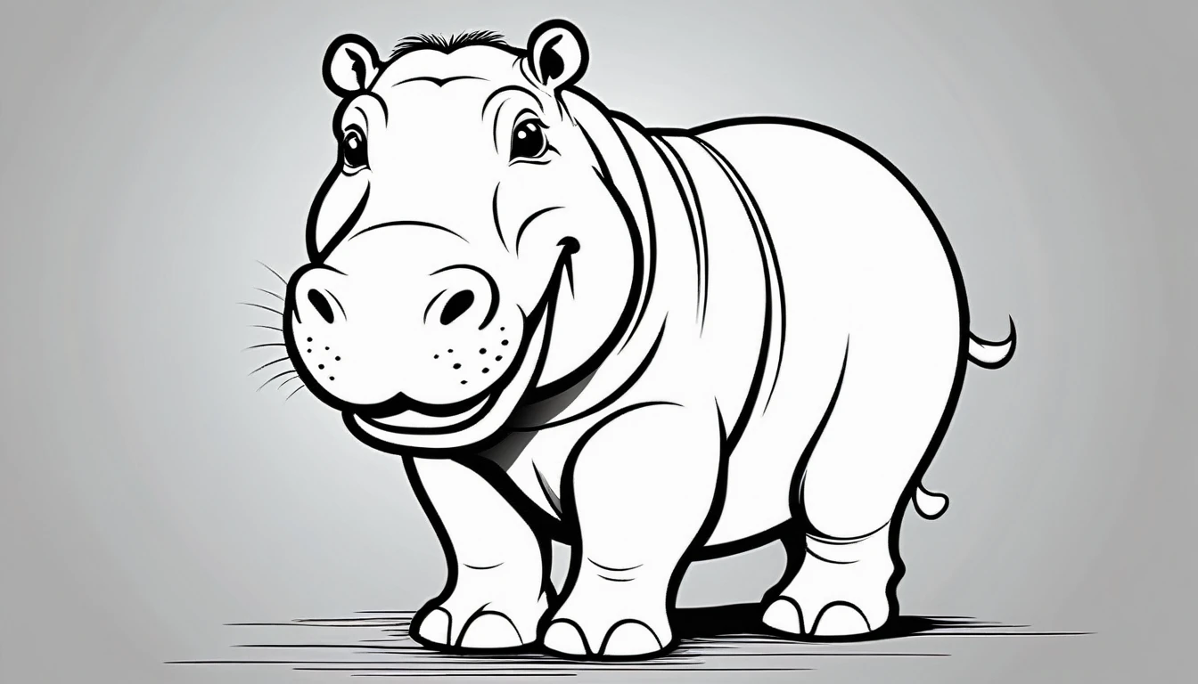 A delightful and engaging line art illustration of a friendly hippopotamus, sporting a wide, happy grin. The bold black lines and thick outlines create a simple yet captivating design, perfect for young children to color. The hippopotamus, with its smooth skin and rounded features, exudes charm and happiness. The lack of a background emphasizes the focus on the cheerful animal, while the vector graphic design showcases clean lines and crisp outlines. This illustration is an inviting and fun art piece for young artists to bring the hippopotamus to life with their vibrant color choices., illustration