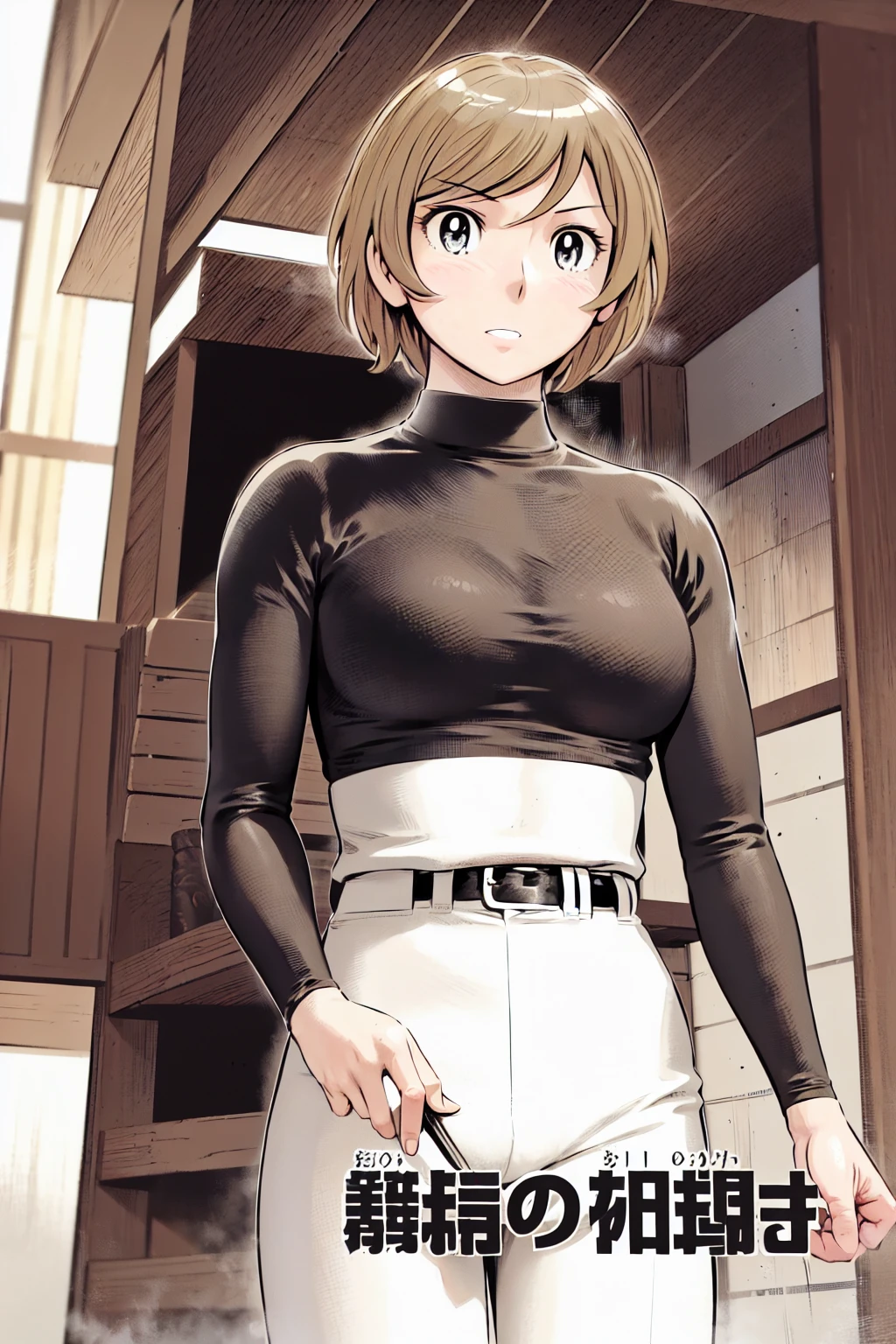 (野球uniform:1.2),
Blonde, (short hair:1.2),Long sleeve, Black Shirt, turtleneck,White trousers、uniform、Black belt、((Illustration of a person))、big 、
View your viewers,, (Highest quality:1.3),One Girl, White pants、uniform、Outdoor、baseball ground、ground、soil、blue eyes、Tight black shirt、(masterpiece、Highest quality)、Highest quality, Ultra-high resolution, (((masterpiece))), alone, big eyes、big Breasts、One Girl, Front view、Embarrassed face、Bronze colored hair、((short hair))、Stand up straight、Cowboy Shot