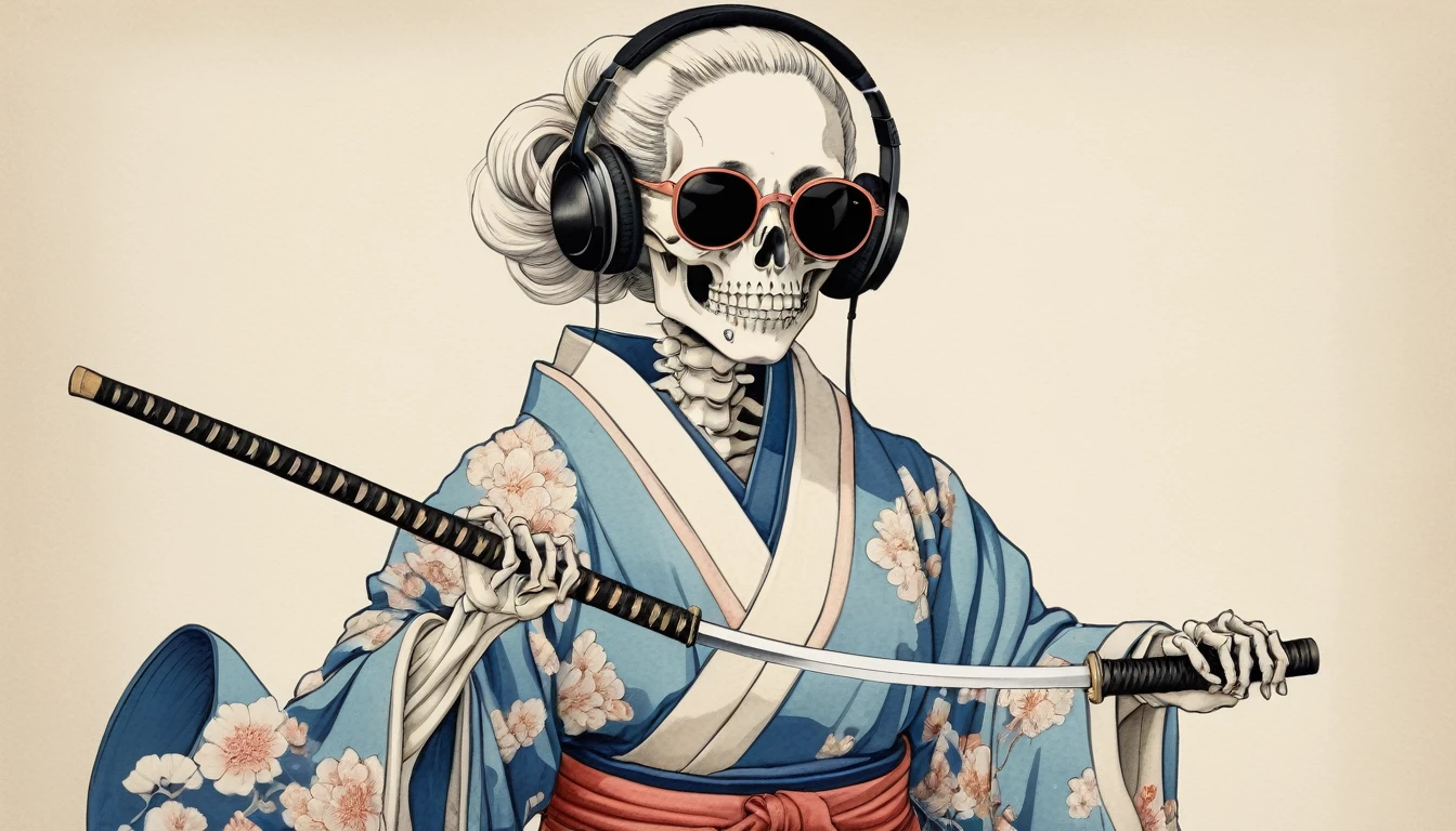A female skeleton wearing a gorgeous kimono, Light colored sunglasses, Katsushika Hokusai, Ink Painting, Japanese style headphones, Holding a Japanese sword in one's mouth, Modern ukiyo-e style