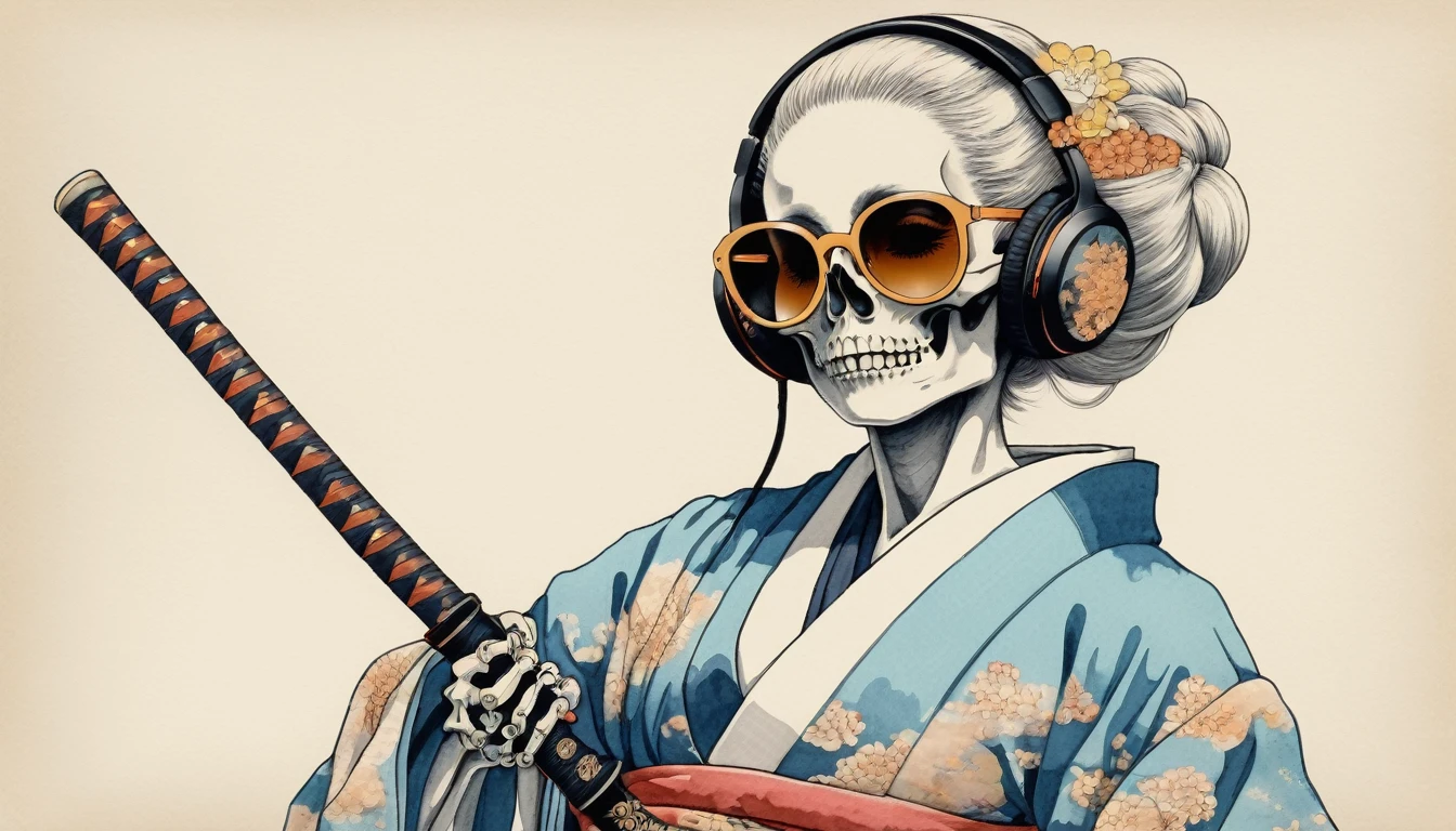 A female skeleton wearing a gorgeous kimono, Light colored sunglasses, Katsushika Hokusai, Ink Painting, Japanese style headphones, Holding a Japanese sword in one's mouth, Modern ukiyo-e style