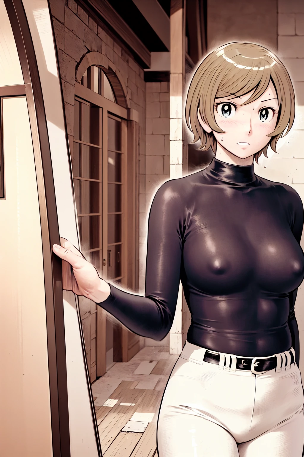 (野球uniform:1.2),
Blonde, (short hair:1.2),Long sleeve, Black Shirt, turtleneck,White trousers、uniform、Black belt、((Illustration of a person))、big 、
View your viewers,, (Highest quality:1.3),One Girl, White pants、uniform、Outdoor、baseball ground、ground、soil、blue eyes、Tight black shirt、(masterpiece、Highest quality)、Highest quality, Ultra-high resolution, (((masterpiece))), alone, Sweat、big eyes、big Breasts、Torn clothes、 fully exposed、Nipples、One Girl, Front view、Embarrassed face、Bronze colored hair、((short hair))、Stand up straight、Cowboy Shot