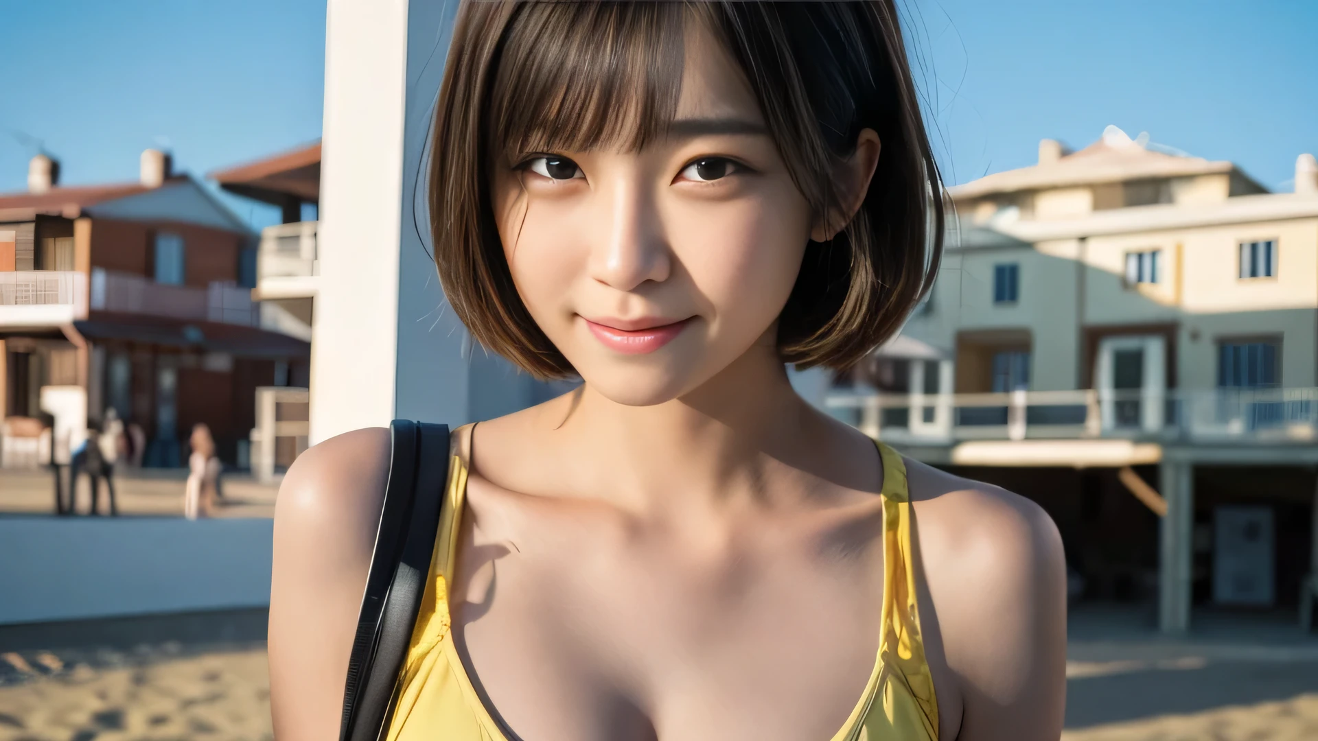 masterpiece, Highest quality, 8K, Disorganized person, (Upper Body:1.4), Stylish beach house on the sand,Yellow Bikini, beautiful girl, Pretty face, Short Hair、Looking at the audience, smile, Ultra-realistic, High resolution, photograph, Sharp focus, High resolution, Face Light, Dynamic Lighting, Cinema Lighting, Professional Shadow, Beautiful cafe background, Best details, Very detailed, Very detailedな, finely, Real Skin, Delicate facial features, Detailed face and eyes, Sharp pupils、Real students