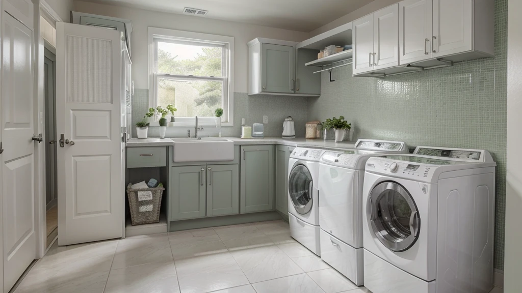 White, grey, and green laundry room interior. medium shot of the design interior