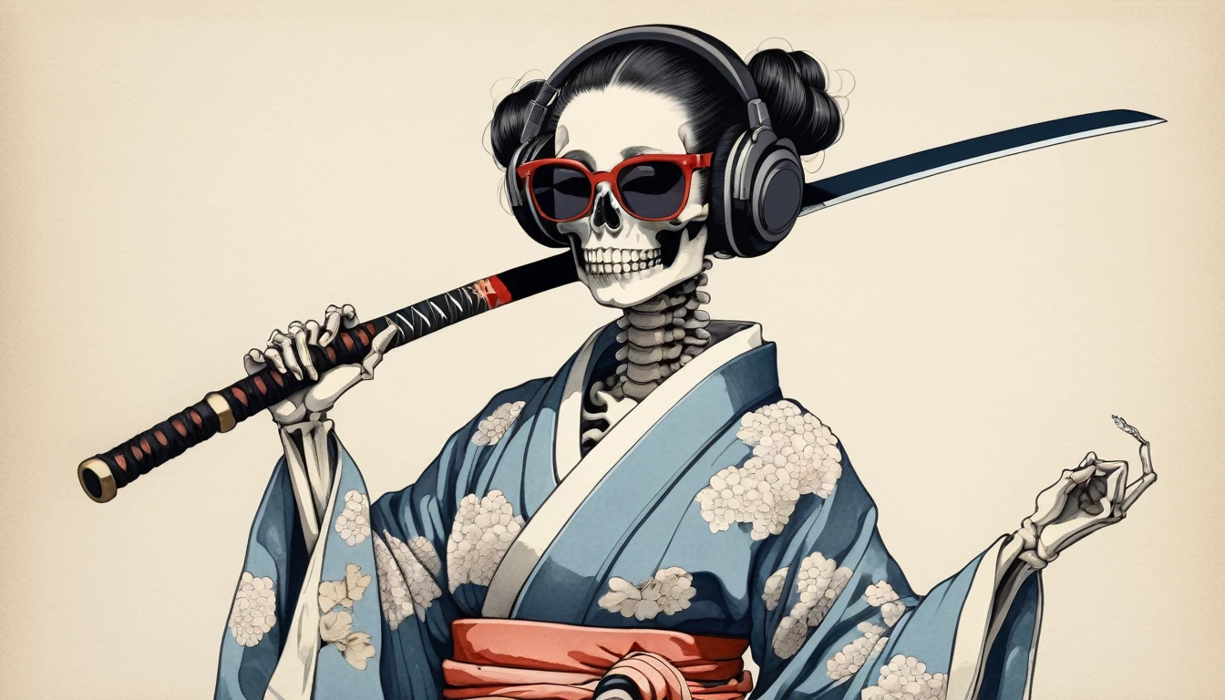 A female skeleton wearing a gorgeous kimono, Light colored sunglasses, Katsushika Hokusai, Ink Painting, Japanese style headphones, Holding a Japanese sword in one's mouth, Modern ukiyo-e style
