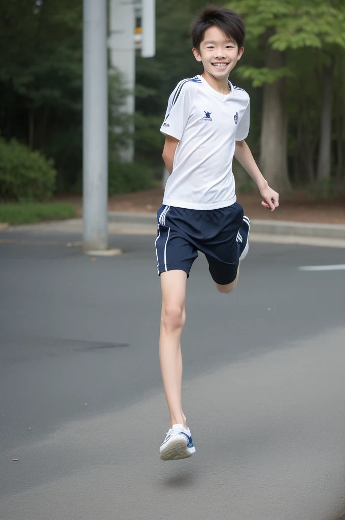 ,Smile，Spread your white and slender legs，jogging，full body，8K五官精致，Handsome boyish feeling，8K，masterpiece,((best quality)),photography,