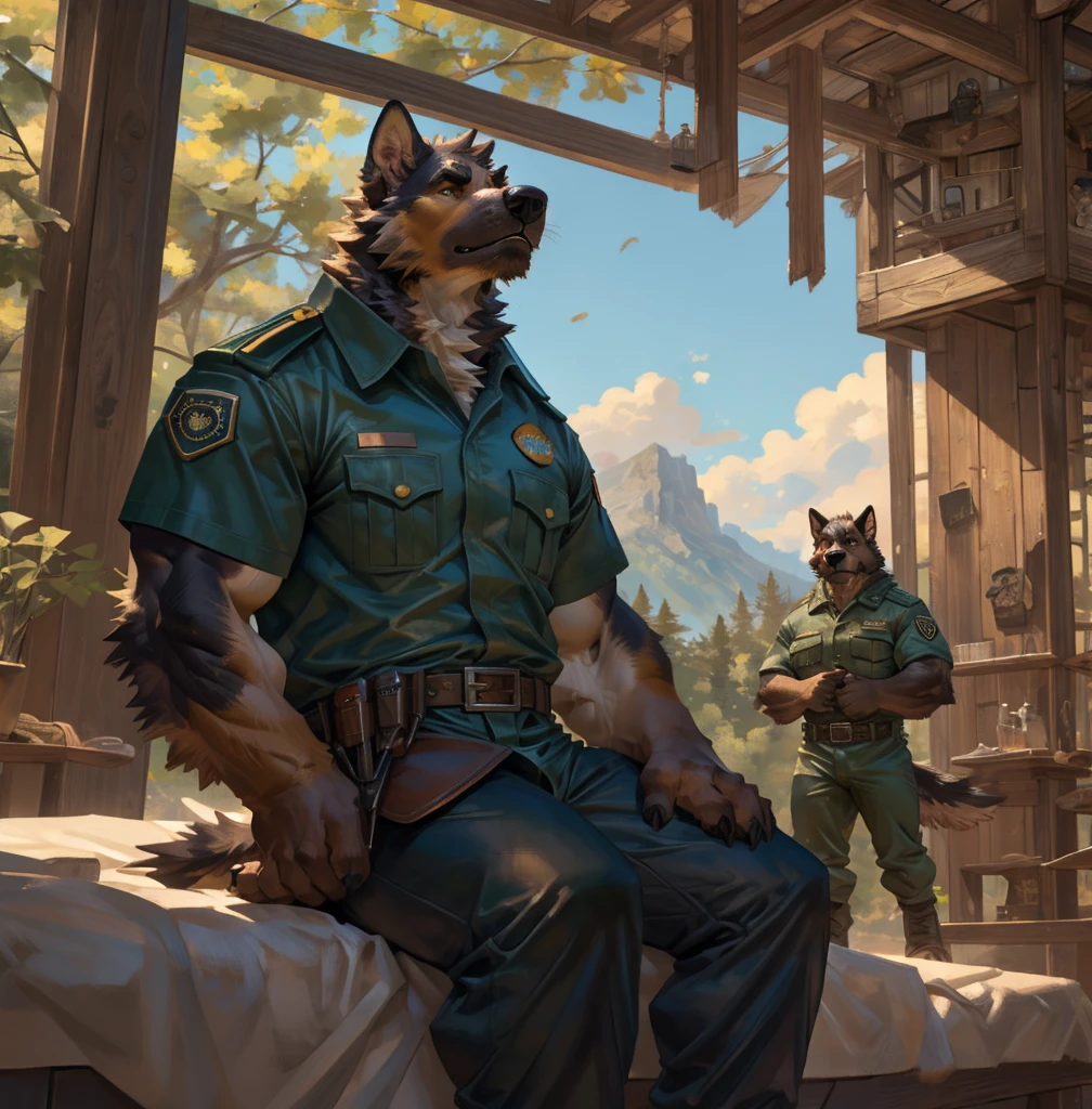By Taran Fiddler, one man, anthro canine (irish wolfhound), hound dog breed, brown fur, dilf, wrinkly face, bushy eyebrows, wearing park ranger uniform, stern facial expression, looking away from viewer, sitting on bed, inside a national park watchtower