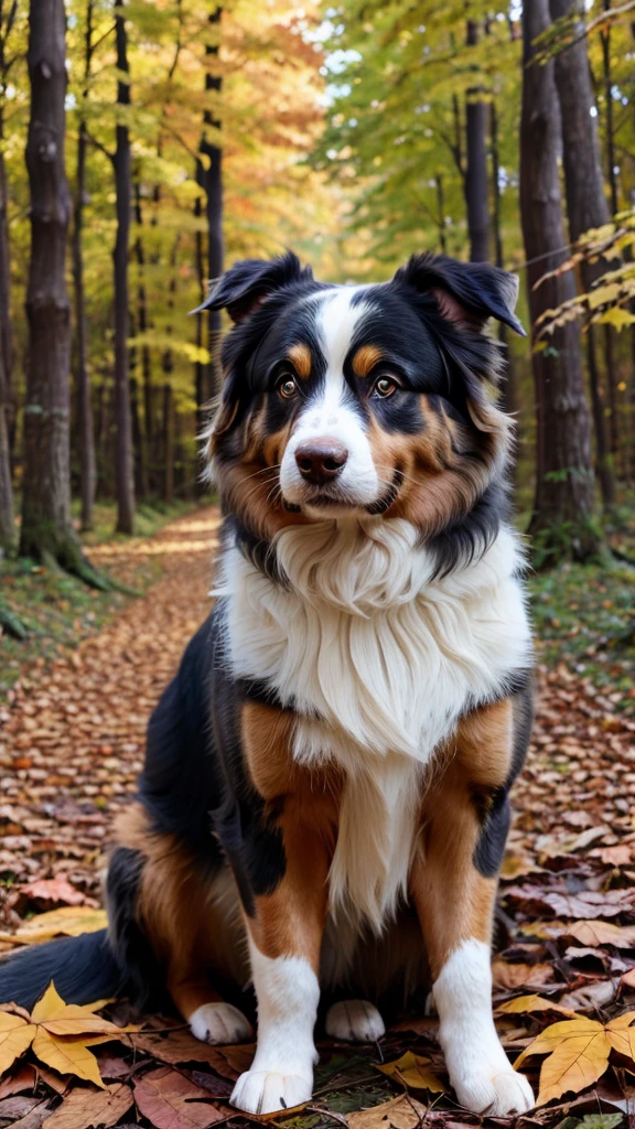 Australian Shepherd in an autumnal forest with colorful leaves.