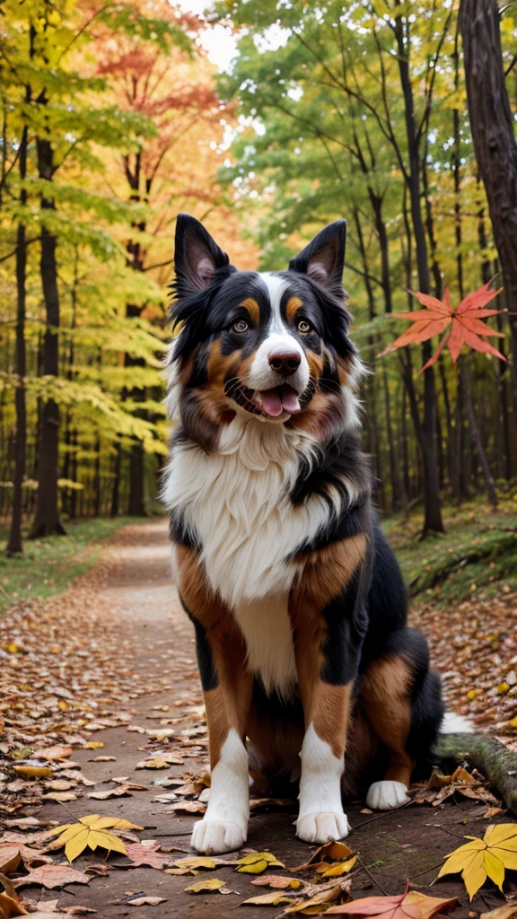 Australian Shepherd in an autumnal forest with colorful leaves.