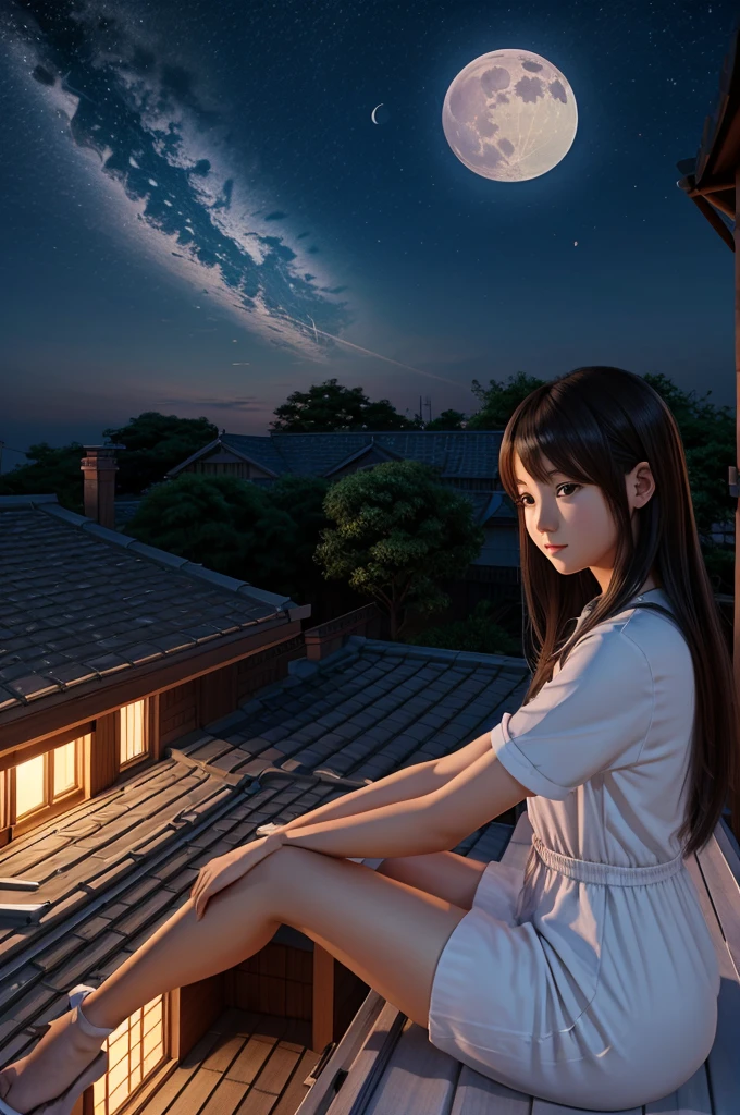 Draw a picture of a girl looking at the beauty on the roof of the house at night from the top of the house with 3D Anime and draw the moon from afar.