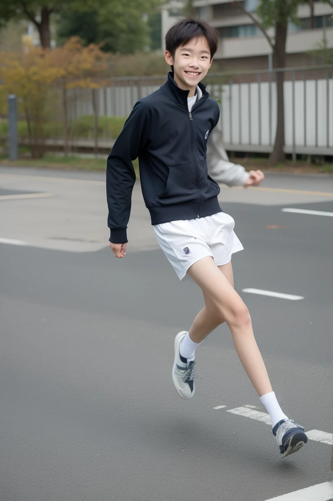 12-year-old boy,Smile，Spread your white and slender legs，jogging，full body，8K五官精致，Handsome boyish feeling，8K，masterpiece,((best quality)),photography,