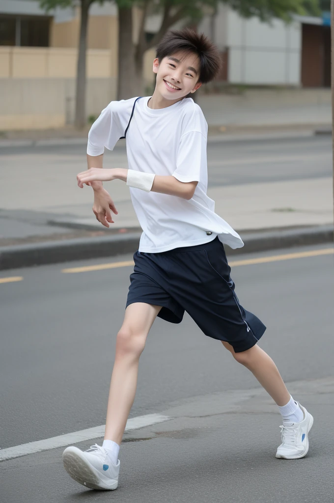 ,Smile,Spread your white and slender legs,jogging,full body,8K五官精致,Handsome boyish feeling,8K,masterpiece,((best quality)),photography,