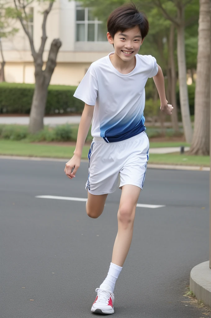 12-year-old boy,Smile,Spread your white and slender legs,jogging,full body,8K五官精致,Handsome boyish feeling,8K,masterpiece,((best quality)),photography,