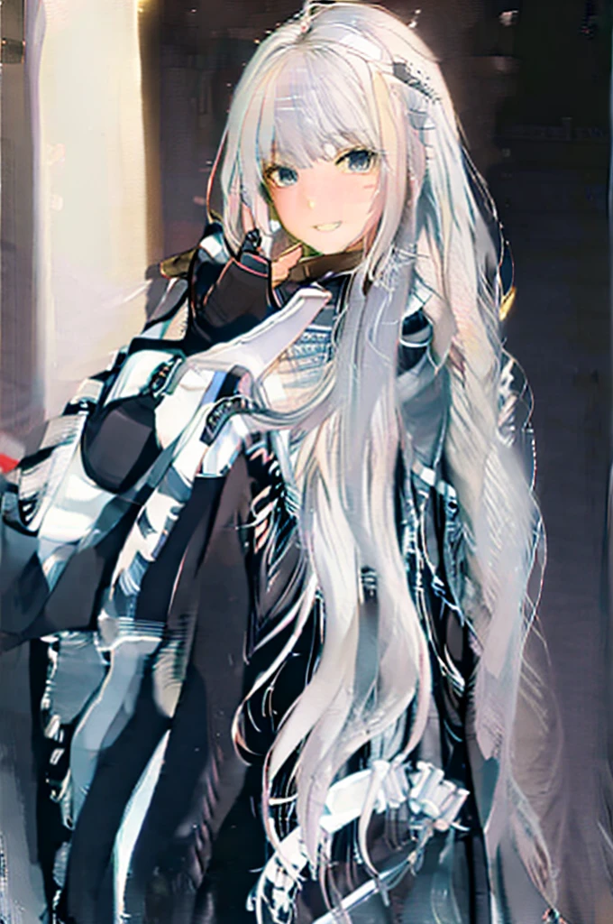 Concept Art, White hair, Silver gradient hair , Composite cloth, Virtual YouTuber, best quality, masterpiece, Dynamic Angle, girl,Miss,woman, young,20 years old, , Hair Flip, Silver Hair, Flowing hair, Ahog, giggle, Beautiful and delicate golden eyes, teeth, Large Breasts, Blonde eyes, White skin, hoodie, Black_shorts, Gray clothes, transparent_Back ground, Backlighting, absurd, high resolution, Extremely detailed,sweater,Smile