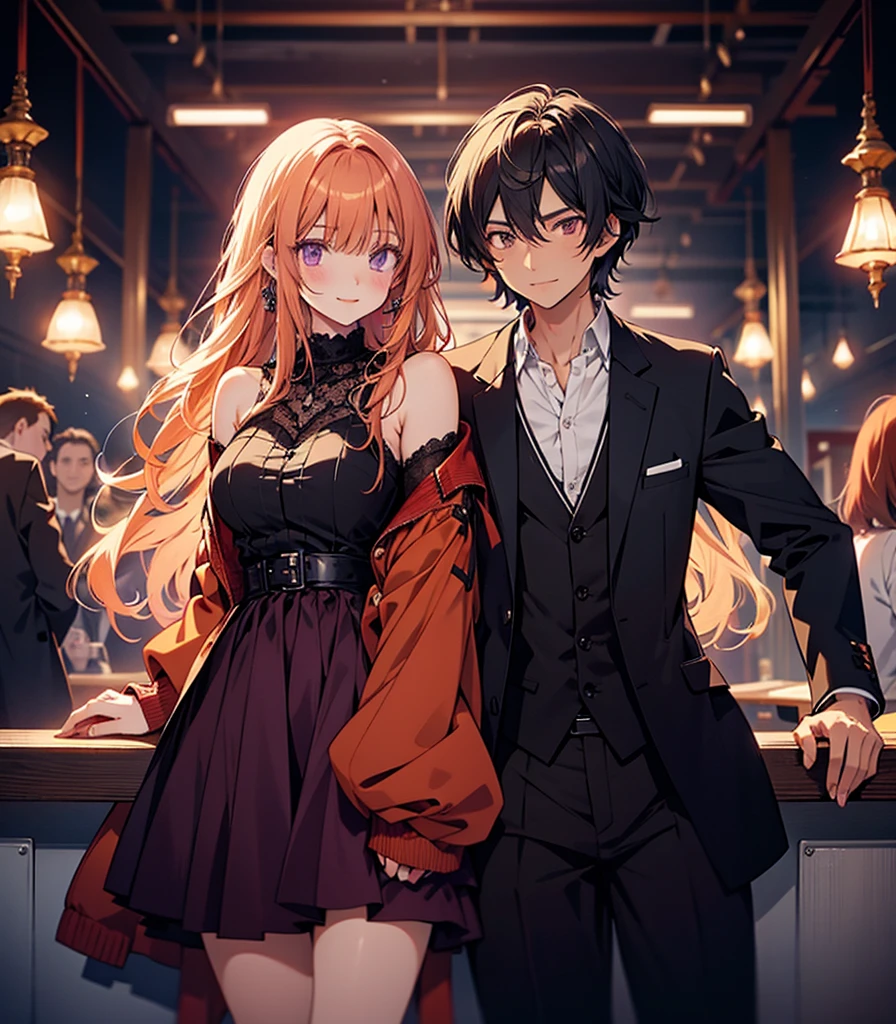 (2 people)Anime Couples,The woman on the left:Black Hair,The man on the right:Orange Hair,room,smile,Purple eyes,beautiful,Highest quality