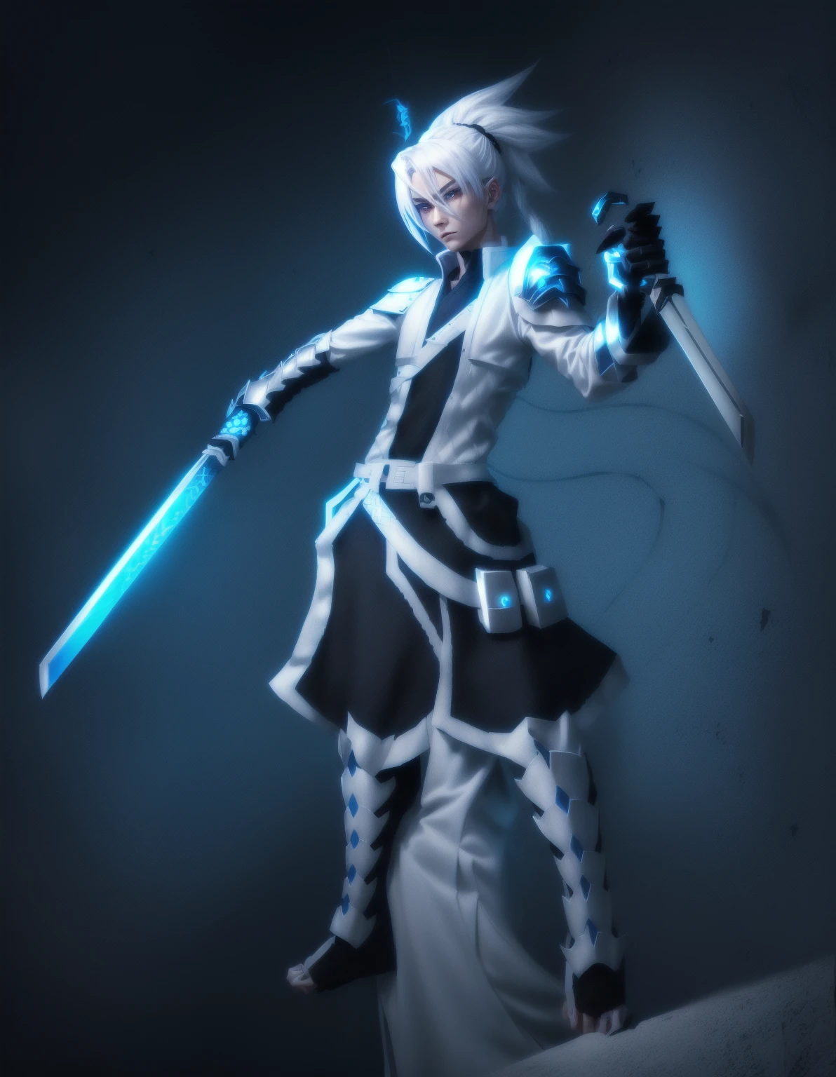 androgynous young man, katana in right hand, wakizashi in left hand, ninja, long ponytail, white hair, glowing blue eyes, pale skin, black ninja trousers, black vest with dragon-scales on sides, short blue jacket, metallic accents, dragon-scale grieves, dragon-scale right vambrace, clawed gauntlet on left hand, dragon-scale left shoulder pad