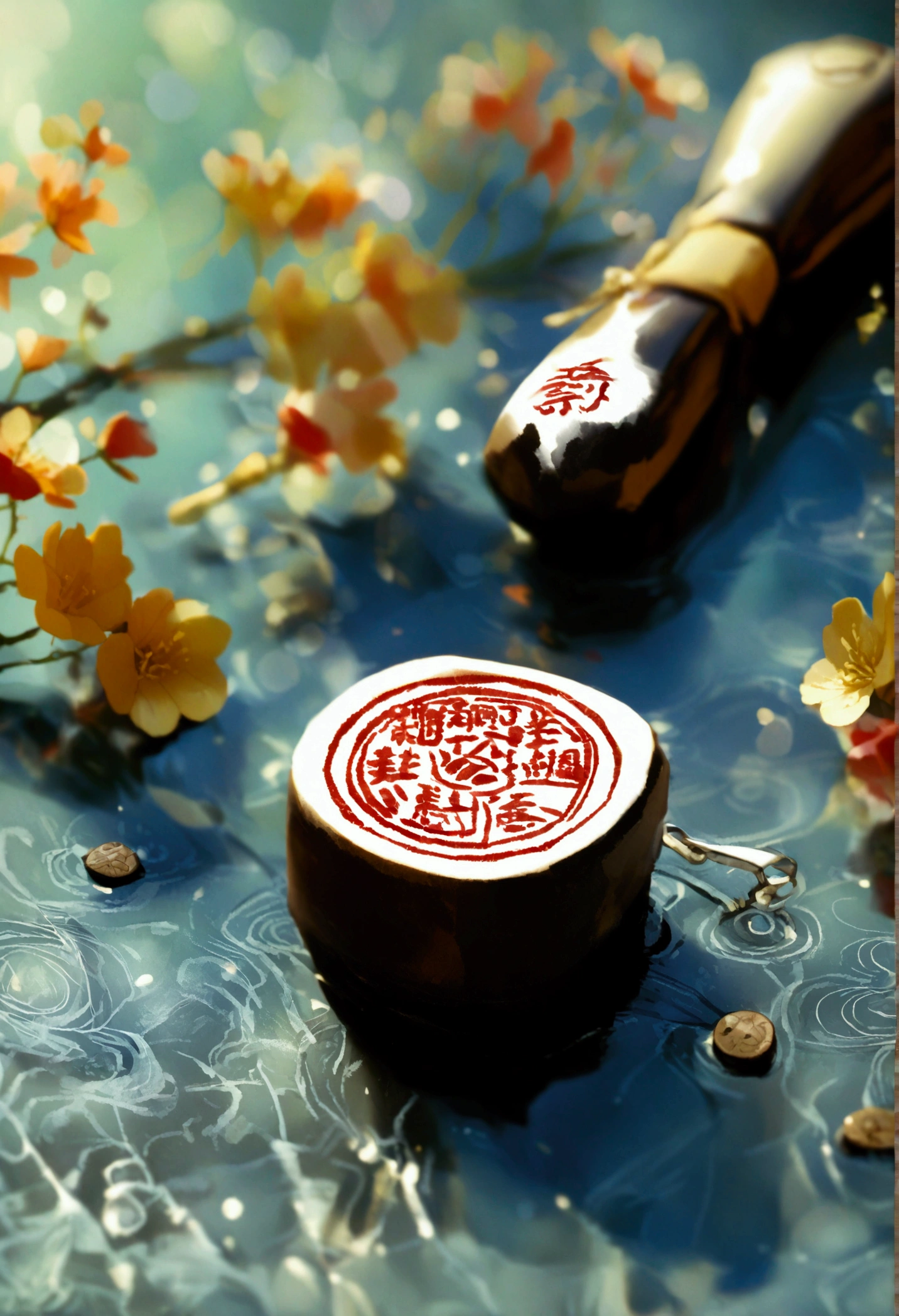 Close-up of traditional Japanese hanko seal next to fax machine