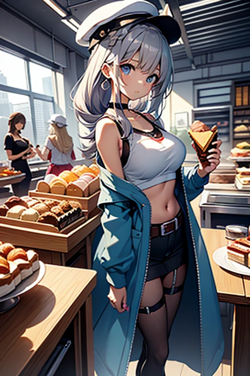 (perky chest:1.2), (pointed chest:1.2),(icecream magazine cover:1.3),(from above:1.2),(shoot from the side:1.1),(((Black Tunic:1.3))),(((cakes and bread in the basket),a 23yo Cute and beautiful girl,masterpiece、highest quality、Very detailed、Beautiful fine details、Detailed landscape、Braided Ponytail、Red camisole、((B cup breasts, Tank top showing underboob:1.0)), thigh strap, bangs, necktie, earrings, nail polish, fishnet pantyhose, silver hair, looking at viewer, full body, bottle, own hands together, belt, food, ring, choker, english text paper:1.2, collared shirt, blue eyes, hat,lace-up boots ,