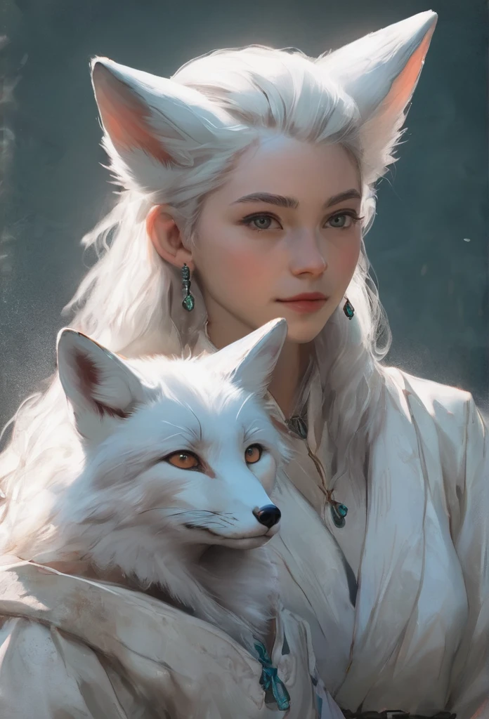 19-year-old, female, white fox demi-human, middle age era, without human's ears