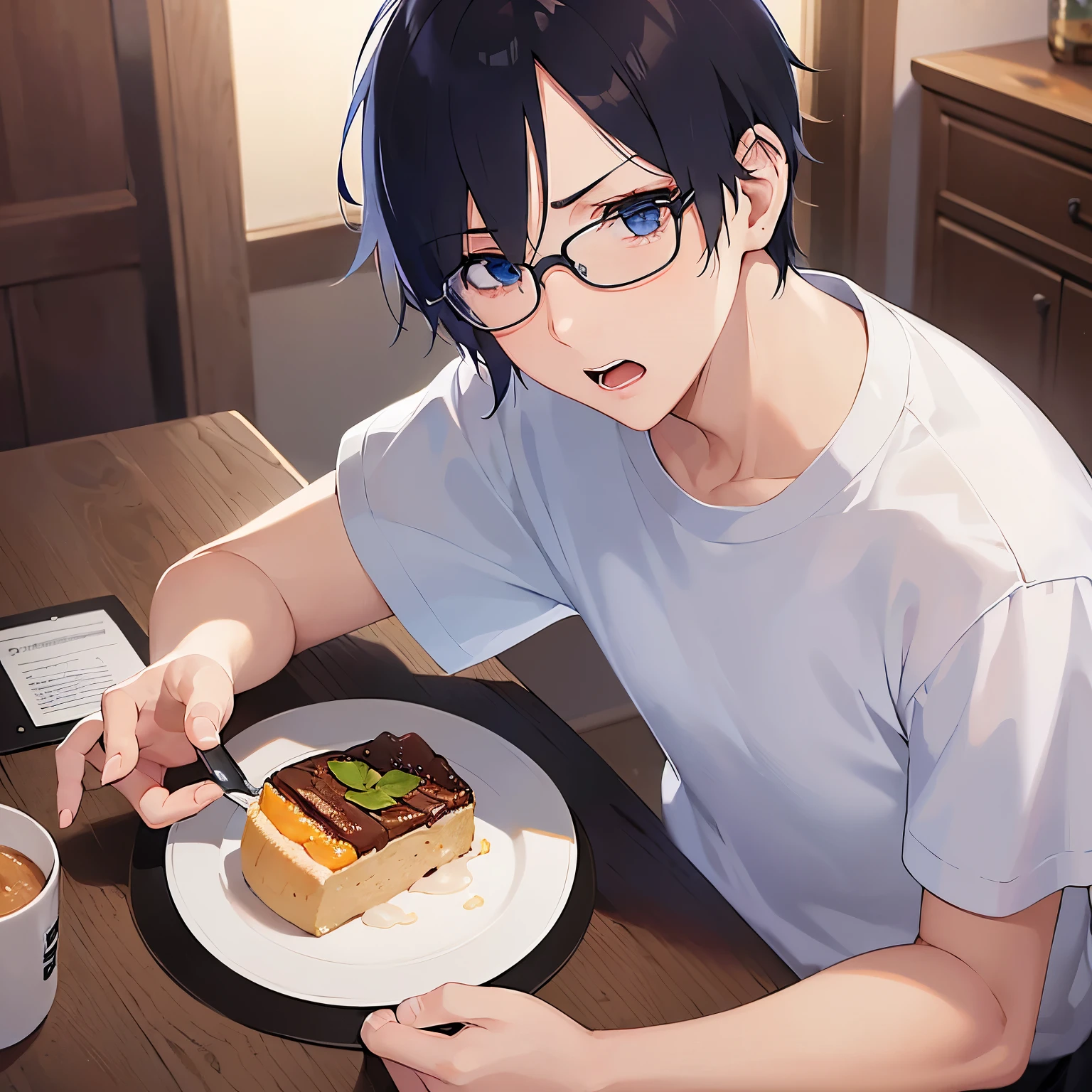 plastic frame eyewear、upper body、shiny skin, masterpiece、Highest quality、(25-year-old male:1.5) and (Black short hair) and (blue eyes), Hair over one eye, (White T-shirt)、(surprised:1.5), Dining table in the background、(Alone:1.5)、Sitting、There is food on a plate on the table、(night:1.5)